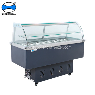Curved glass salad display refrigerator with storage room